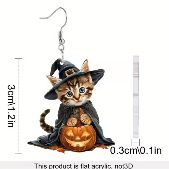 Cute Halloween Cat Witch Earrings – Acrylic Pumpkin Design - Picture 4 of 9